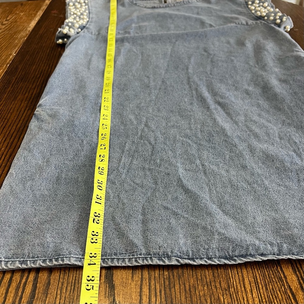 NWT Bibi Pearl Next Door Denim Dress Pearl Cap Sleeve Pockets Size Small Chic - Picture 10 of 11
